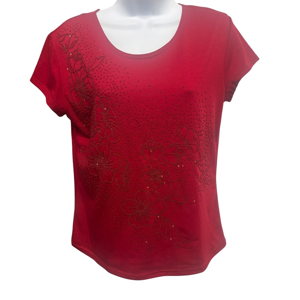 Bleeker McDougal Womens Red‎ Floral Beaded Sequin Short Sleeve Top Petite PL